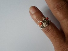 solid silver ring, ethnic style, charm, coral beads, size 47