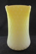 1880S YELLOW SATIN MOP DIAMOND QUILTED CASED GLASS CELERY VASE SQUARE TOP 6.5IN