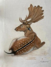  Peinture Pastel animalier d'un petit Cerf milieu XXème signé à identifier