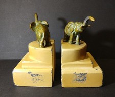 Antique Art Deco Bookends ~ Metal Elephant Figurines on Cast Iron Pedestals