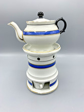 Antique earthenware teapot, teapot with stove and bucket, blue and gold decor
