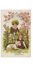 beautiful old postcard Happy Easter embossed children lamb flowers