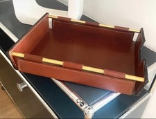 Porte-courrier Plateau bureau vintage cuir Surpiqué et laiton signé Longchamp