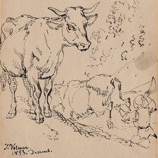 Joseph Simon Volmar Shepherd and Cow Herd Signed Unique Ink Drawing 1853