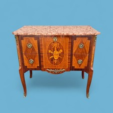 Vintage French Marquetry & Parquetry Marble Top Commode