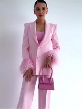 ZARA NEW WOMAN FEATHER CUFF BLAZER JACKET AND MATCHING TROUSERS PINK SIZE L 