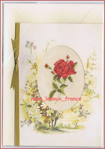 Carte brodée main rose rouge - brodée,