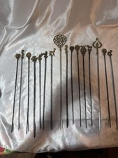 Vintage Turkish Shish Kebab Skewers With Brass Greek Ornaments - Set Of 16