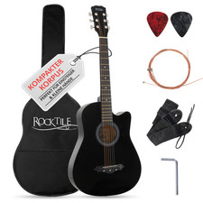 Pack Guitare Acoustique Folk 6 Cordes Dreadnought Cutaway Petit Set Etui Noir