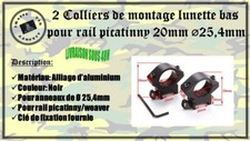 2 colliers de montage lunette bas picatinny 20mm diamètre 25,4mm