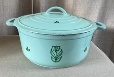 Vintage DRU Holland Enamel Cast Iron Dutch Oven Green with Tulips With Lid