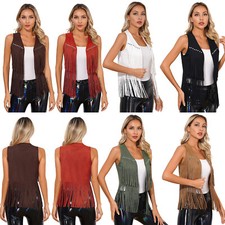 Women's Vintage Fringe Waistcoat Tassel Gilet Jacket Coat Vest Costume Cardigans