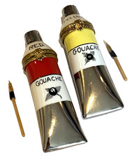 2-LIMOGES PEINT MAIN Hinged Trinket Box-YELLOW / RED GOUACHE PAINT TUBE w/ Brush