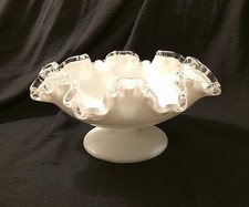 Fenton Silver Crest Milk Glass Double Ruffle Compote Pedestal Bowl Candy Dish