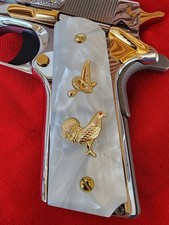 1911 "GALLO "A 'ROOSTER Colt Grips Engraved Pearl Grips   24k Gold Plated 45 acp