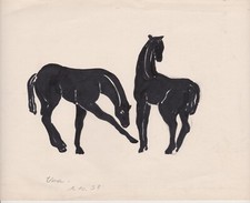 Beau dessin - Deux chevaux - Signée Vera (PAGAVA ?) - Année 1958 - 24 x 17 cm - 
