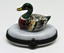 LIMOGES FRANCE BOX - ROCHARD - VINTAGE MALLARD DUCK IN A POND - FEATHER INSIDE