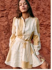 Sezane Lou Beige Patchwork Embroidery Mini Dress Size 44 UK 14 16