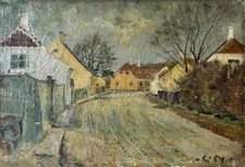 Ölbild Impressionniste Carl Neumann Rue Du Village Avec Maisons 28,5 X 41,5 CM
