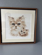 Vtg Retro Cat Vervaco Pussy Dear sepia Cross Stitch Kit 75.896 Framed Gift Art