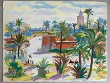Gouache Paysage Orientaliste Marocain Maroc Marrakech Palmeraie Et La Koutoubia