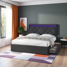 Lit rembourré 160x200 lit double avec Tête de Lit LED et 4 Tiroirs de Rangement