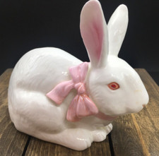 Schmid 1984 rabbit lamp Gordon Fraser 6” X 5” white ceramic pink bow ears & eyes