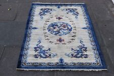 Tapis En Soie Blanc Et Bleu Oriental Chinois Art Déco Fait Main Vintage 152x92cm