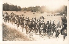 Postcard photography militaria WW1? SOLDIERS WALKING BIKE HORSE FIELDS NICE VIEW