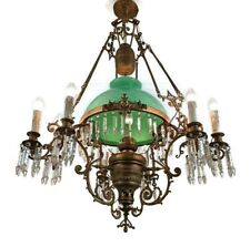 lampe Belge Antique Chandelier Green Opaline glass Shade ornate Brass 10 lights 