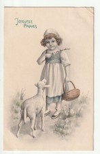 Carte FANTAISIE - Old Postcard - Fillette Panier mouton Joyeuses Paques Vienne