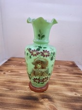 Antique Transparent Opaline Green Bristol Glass Victorian Portrait Vase 8”