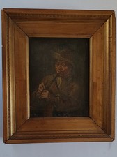 HUILE SUR BOIS DLG ADRIAEN BROUWER  ECOLE FLAMANDE JOUEUR DE FLÛTE 19 ème