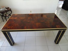 EXTRAVAGANT CHIC 70s BRASS & CHROME WILLY RIZZO OLIVE WOOD BURL DINING TABLE