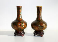CHINA - ANTIQUE PAIR OF CLOISONNE & BRONZE ENAMEL VASE ON MAHOGANY BASE - 19th century