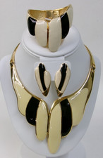 Vintage 80s Gold Tone Ivory & Black Enamel Parure Jewelry Set