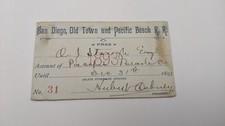 1893 SAN DIEGO OLD TOWN & PACIFIC BEACH RAILROAD PASS #31 9.2 MILES OF TRACK!