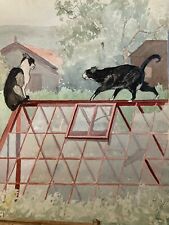 Beau Dessin Peinture Papier 1960 Gouache Agnès Bradley Chat Serre Jardin Véranda