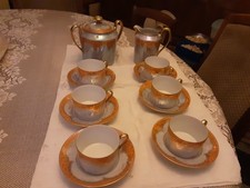6 CUPS AND SAUCERS CREAM AND SUGAR BOWL LIMOGES PORCELAIN UNIQUE FRANCE