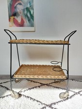 DESSERTE ROULANTE OSIER & ACIER VINTAGE NOIR 1960/1970 BAR 