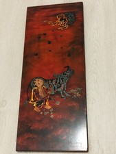 Vietnam Panneau laqué décor d'enfant et buffle  40x16cm 1960 Signature Illisible