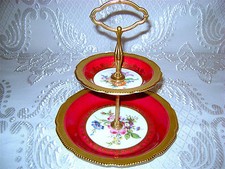 Antique Vtg German Bavaria Lindner Kueps HP Red 2-Tier Etagere Stand Server Tray