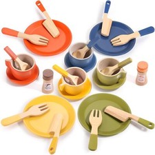 Jouet de Cuisine en Bois Ensemble d'assiettes et de Couverts pour Enfants Acc...