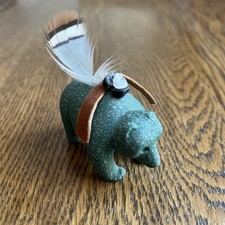 Vintage Native Fetish Bear Figurine Green w/Authentic Stones Suede tie & Feather