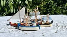 VINTAGE 4 Maquettes de Bateau Miniature - Bateau de Pêcheur & Voilier En Bois