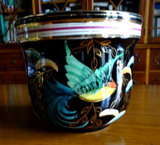 Ancien  cache pot céramique H BEQUET QUAREGNON ,fond noir , oiseau de paradis