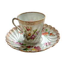 Dresden Porcelain Coffee Can Saucer Floral Twisted Spiral Hand Painted c1850-99