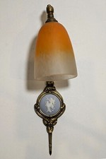 Schneider Pate de Verre Glass Wall Sconce Lamp, Porcelain Roundel — Antique