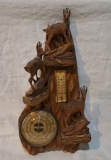ANCIEN BAROMÈTRE THERMOMÈTRE EN BOIS SCULPTÉ 3 CHAMOIS SAVOIE DÉCO CHALET HT38cm