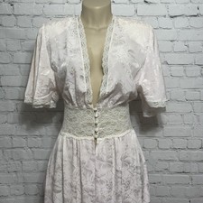 Vtg MISS DIOR Lace Waist Satin Embossed Long Peignoir Dressing Robe Pink Size S